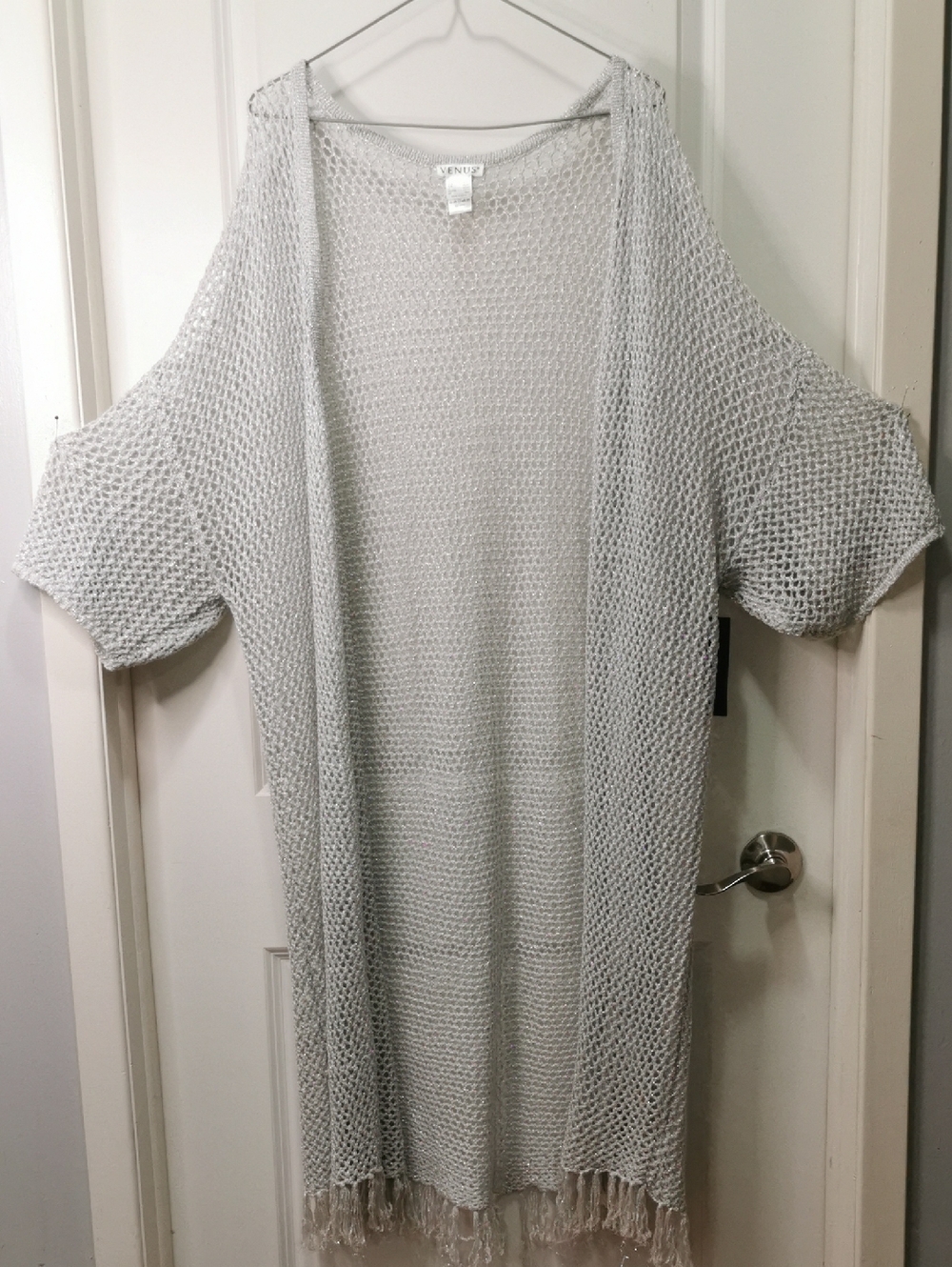 VENUS‎ Light Gray Open-Knit Fringe Cardigan